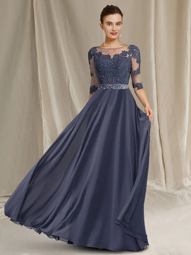 Wholesale A-Line Mother of the Bride Dress Luxurious Elegant Jewel Neck Floor Length Chiffon Lace Tulle Half Sleeve with Crystals Appliques